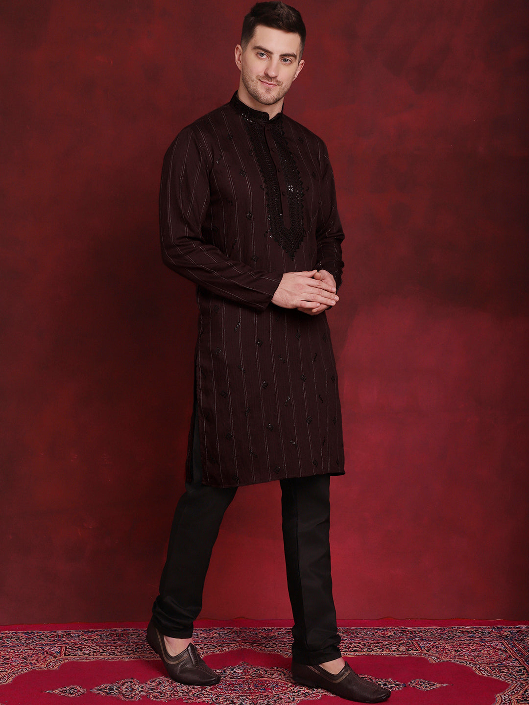 Jompers Men's Sequins Embroidered Kurta Pyjama Set - B-Maroon - Distacart