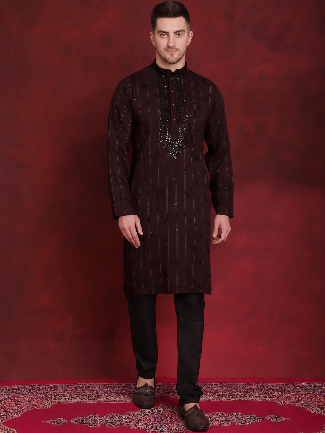 Jompers Men's Sequins Embroidered Kurta Pyjama Set - B-Maroon - Distacart