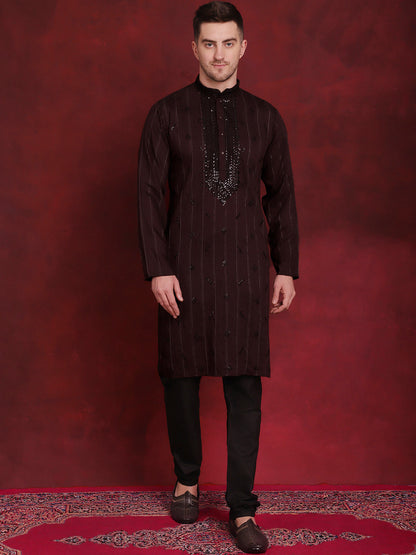 Jompers Men's Sequins Embroidered Kurta Pyjama Set - B-Maroon - Distacart