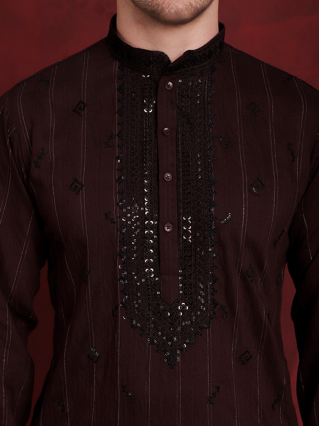 Jompers Men's Sequins Embroidered Kurta Pyjama Set - B-Maroon - Distacart