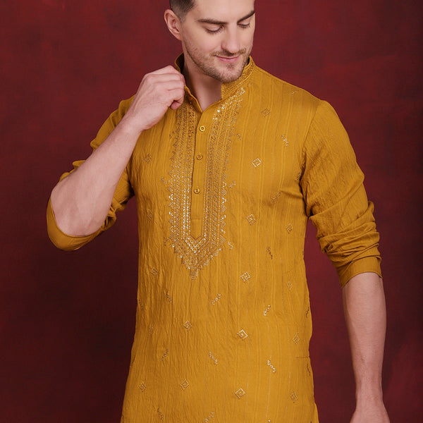 Jompers Men's Sequins Embroidered Kurta Pyjama Set - Mustard - Distacart