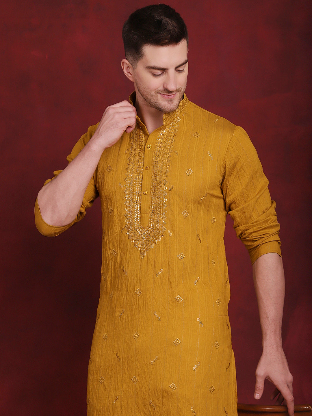 Jompers Men's Sequins Embroidered Kurta Pyjama Set - Mustard - Distacart