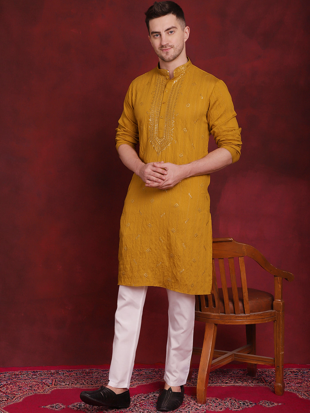 Jompers Men's Sequins Embroidered Kurta Pyjama Set - Mustard - Distacart