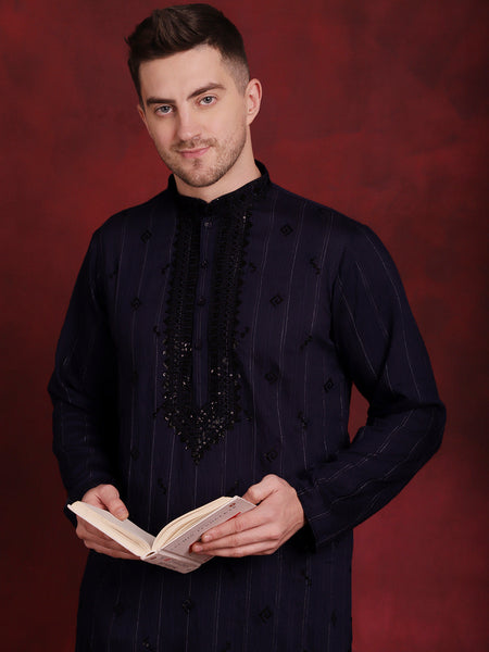 Jompers Men's Sequins Embroidered Kurta Pyjama Set - B-Navy Blue - Distacart