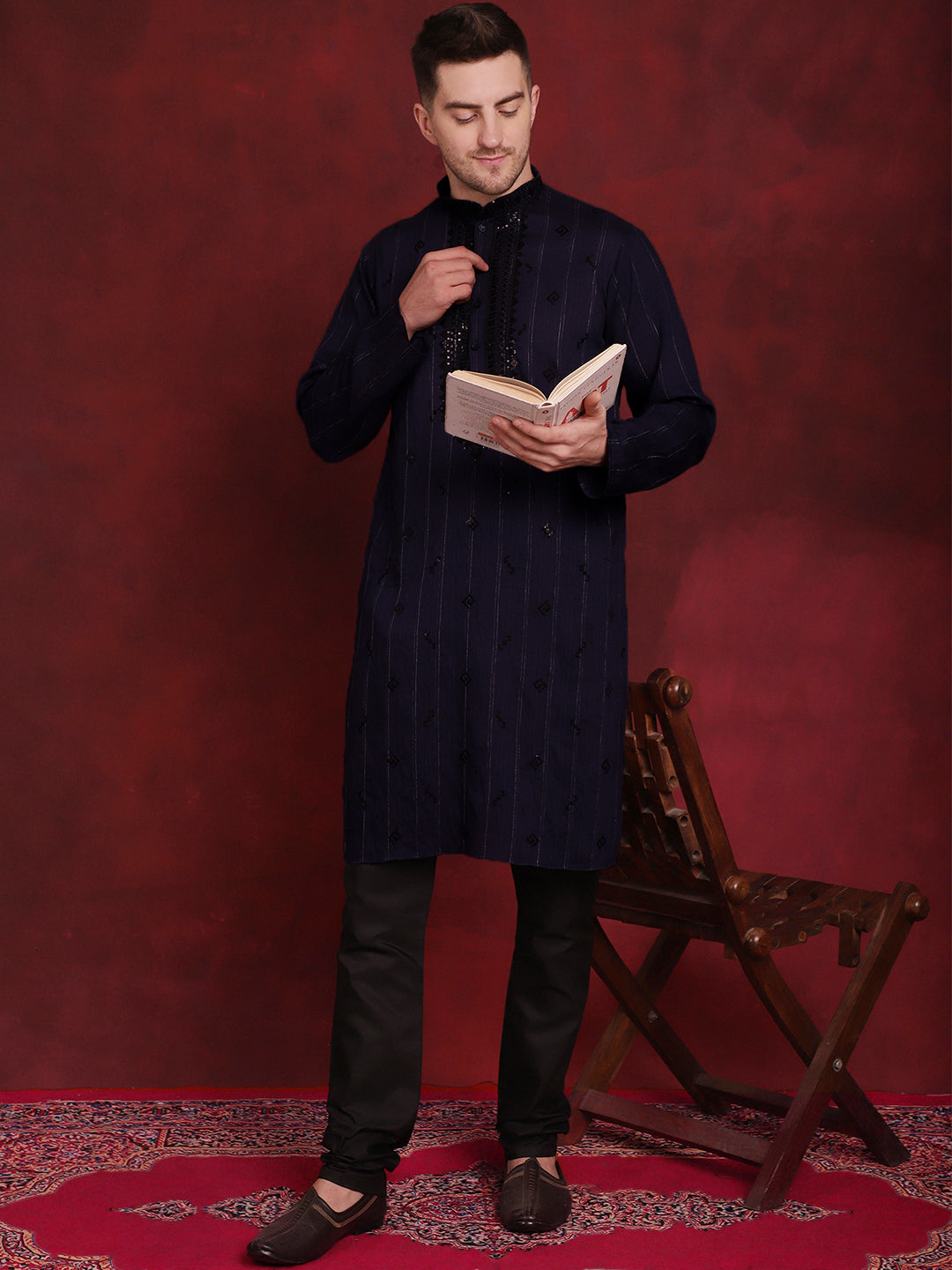 Jompers Men's Sequins Embroidered Kurta Pyjama Set - B-Navy Blue - Distacart