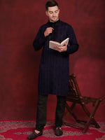 Thumbnail for Jompers Men's Sequins Embroidered Kurta Pyjama Set - B-Navy Blue - Distacart