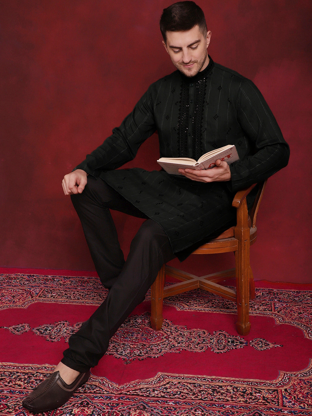 Jompers Men's Sequins Embroidered Kurta Pyjama Set - B-Olive - Distacart