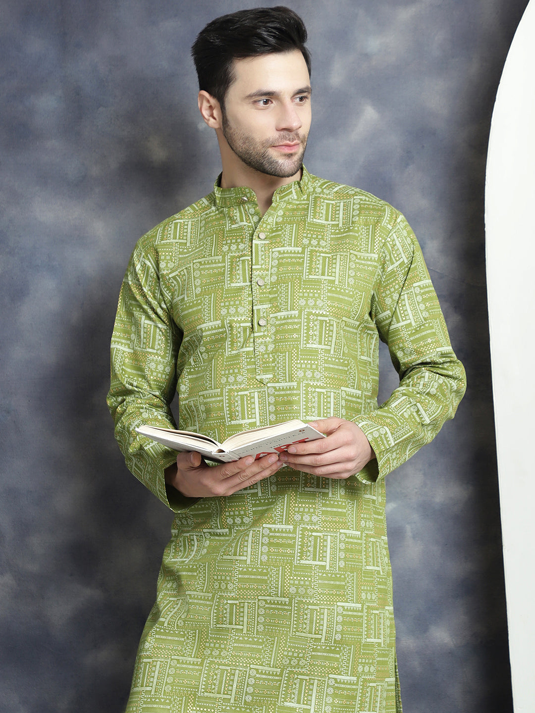 Jompers Men's Printed Kurta with Churidar - Olive - Distacart