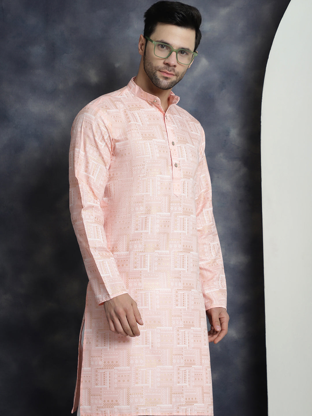 Jompers Men's Printed Kurta with Churidar - Peach - Distacart