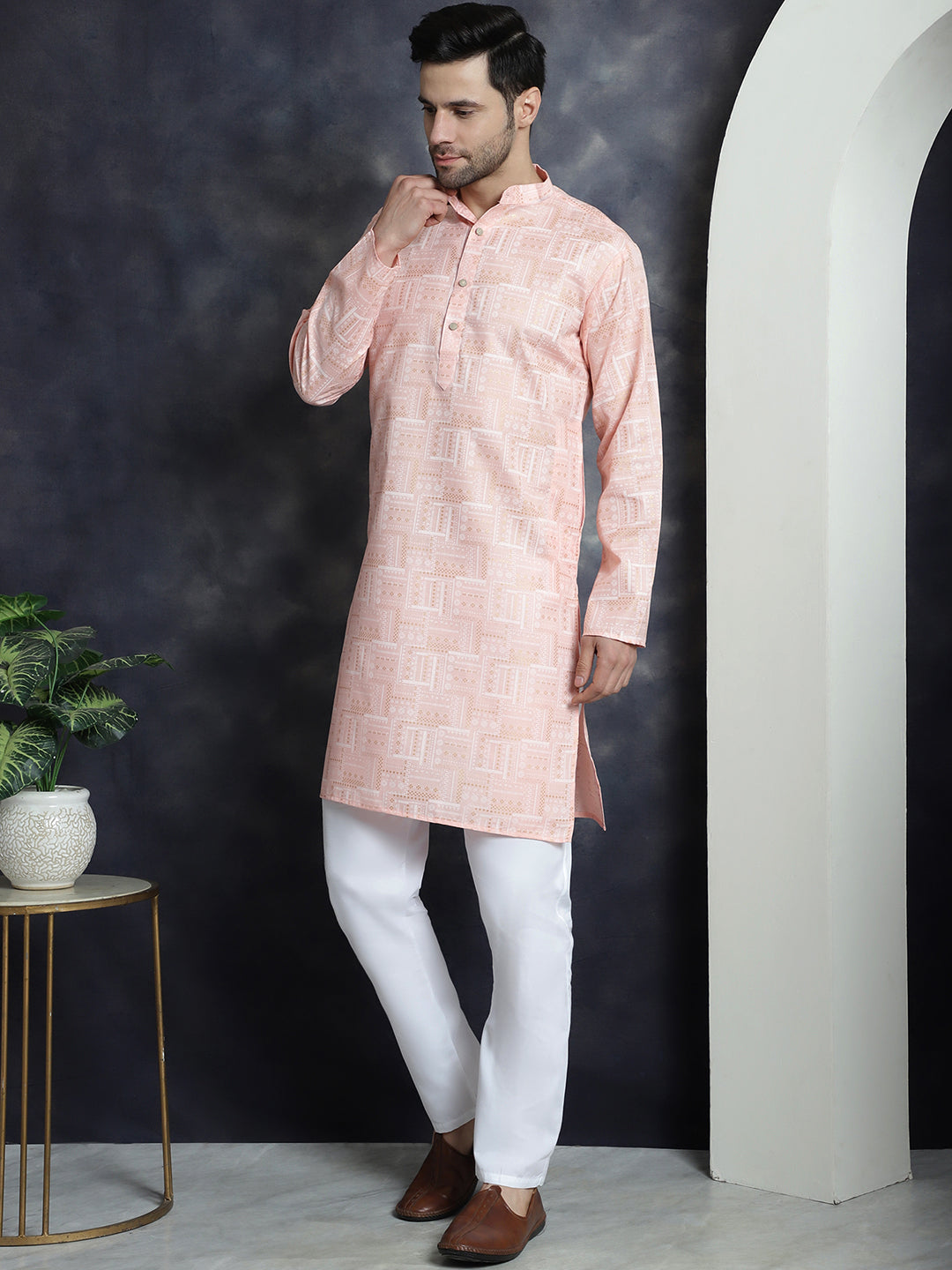 Jompers Men's Printed Kurta with Churidar - Peach - Distacart