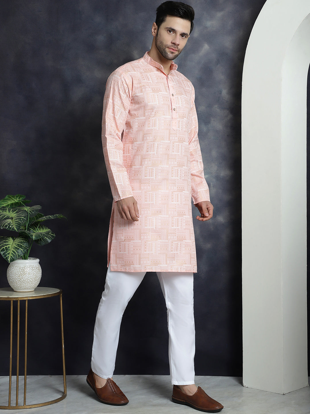 Jompers Men's Printed Kurta with Churidar - Peach - Distacart