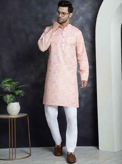 Jompers Men's Printed Kurta with Churidar - Peach - Distacart