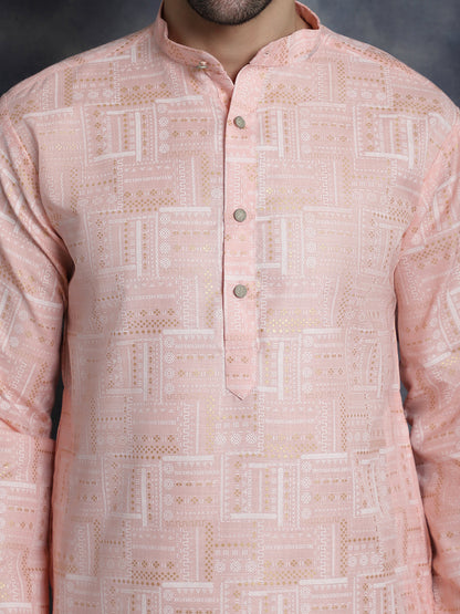 Jompers Men's Printed Kurta with Churidar - Peach - Distacart