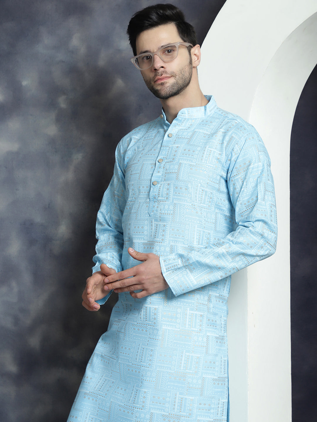 Jompers Men's Printed Kurta with Churidar - Sky Blue - Distacart