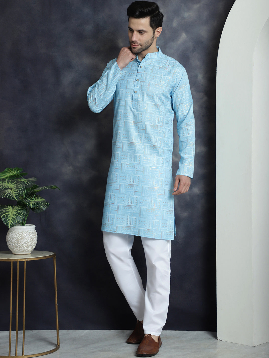 Jompers Men's Printed Kurta with Churidar - Sky Blue - Distacart