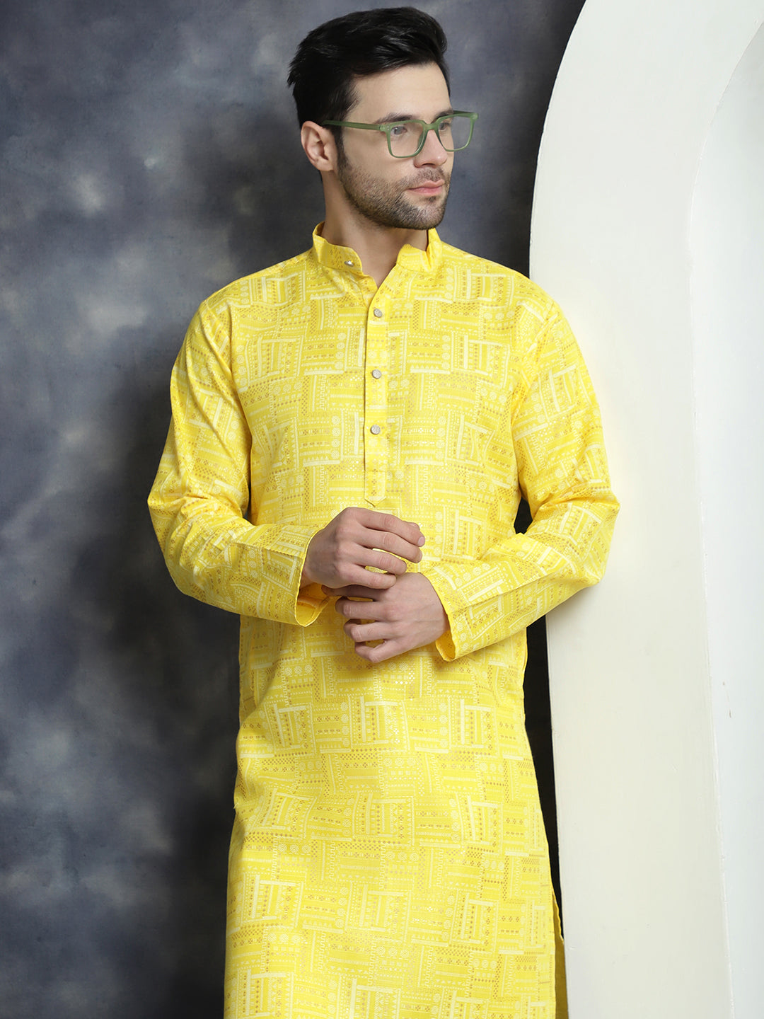 Jompers Men's Printed Kurta with Churidar - Yellow - Distacart
