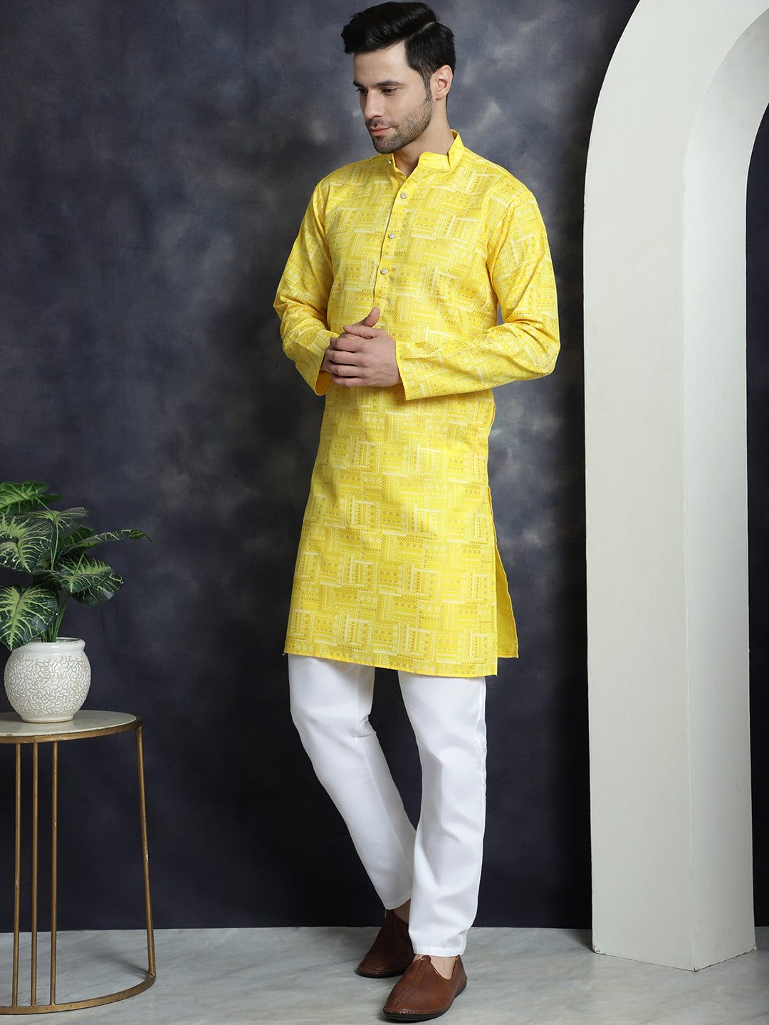 Jompers Men's Printed Kurta with Churidar - Yellow - Distacart