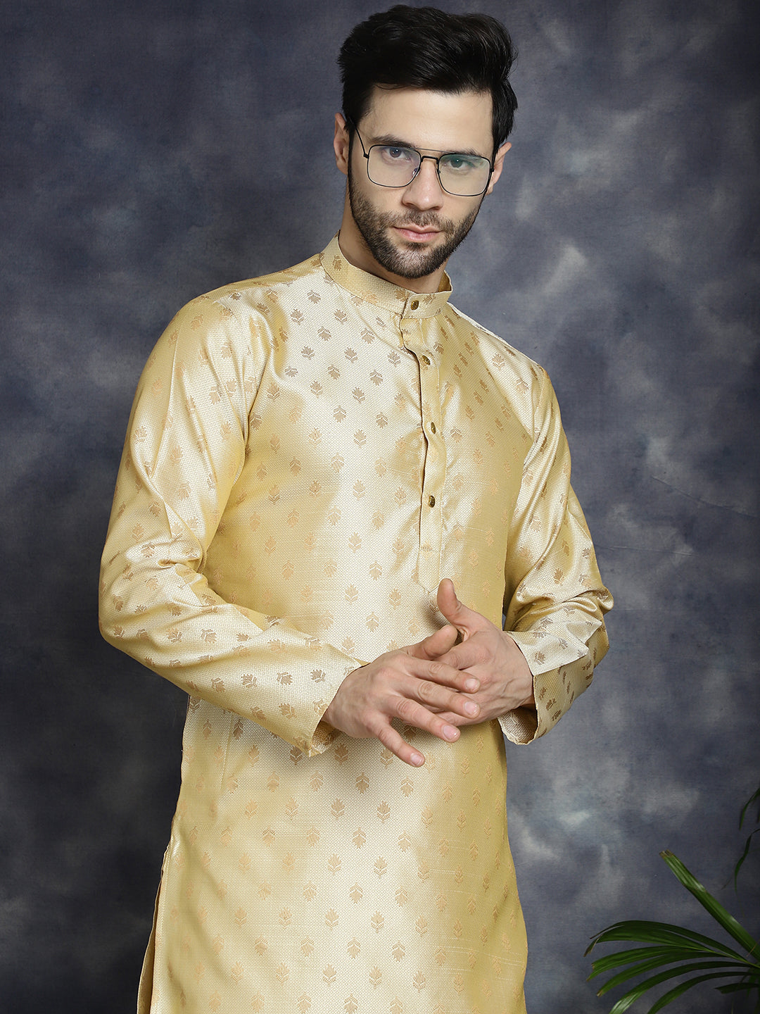 Jompers Men's Woven Design Silk Blend Kurta with Pyjama - Golden - Distacart