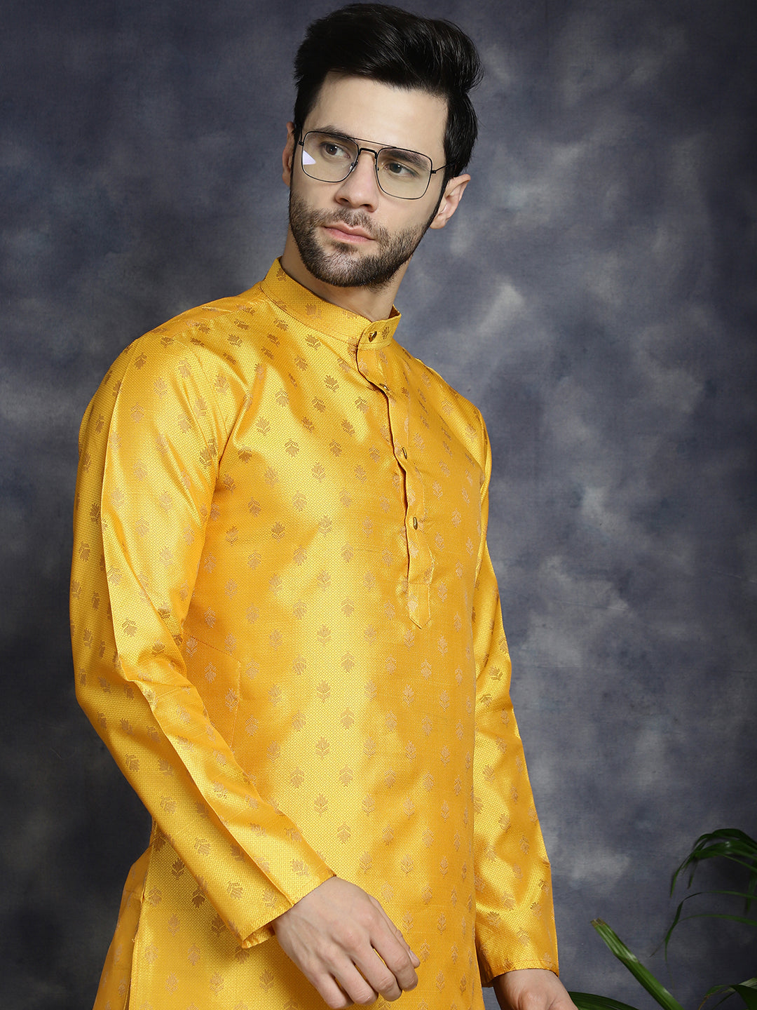 Jompers Men's Woven Design Silk Blend Kurta with Pyjama - Mustard - Distacart