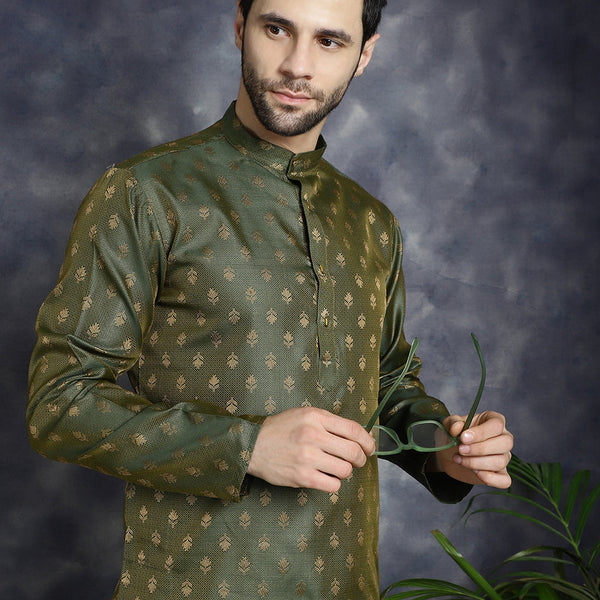 Jompers Men's Woven Design Silk Blend Kurta with Pyjama - Olive - Distacart