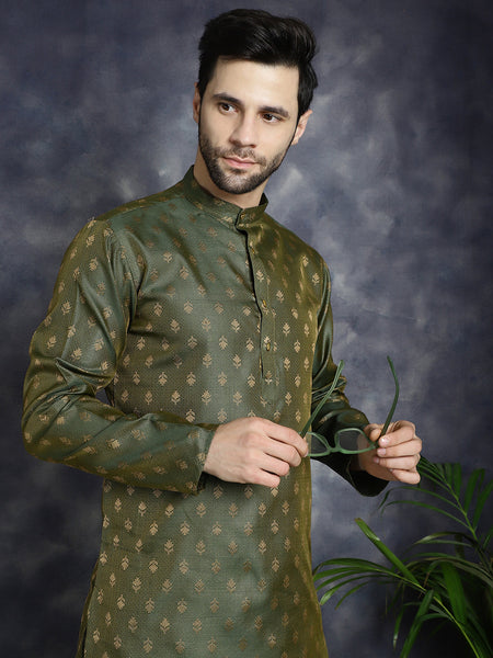 Jompers Men's Woven Design Silk Blend Kurta with Pyjama - Olive - Distacart