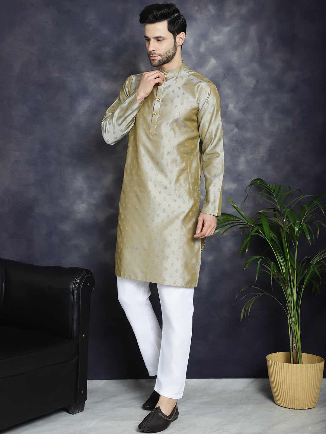 Jompers Men's Woven Design Silk Blend Kurta with Pyjama - Pista - Distacart