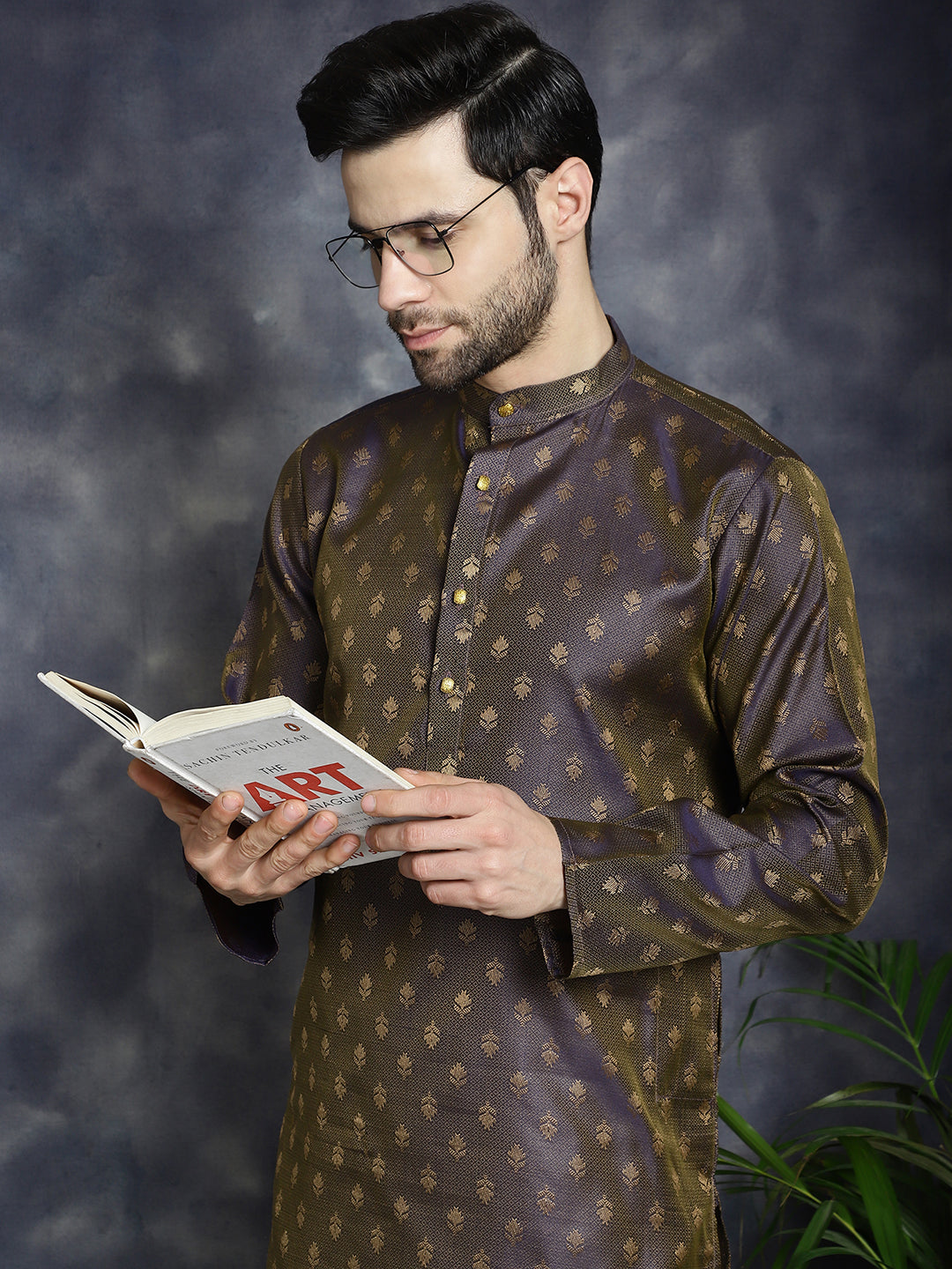 Jompers Men's Woven Design Silk Blend Kurta with Pyjama - Purple - Distacart