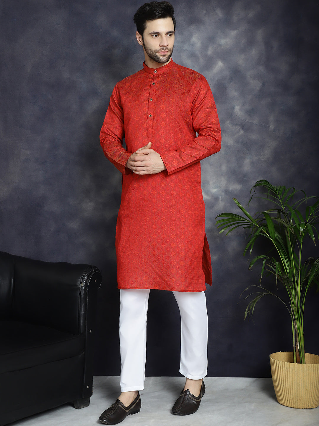 Jompers Men's Red Woven Design Kurta with Pyjama - Red - Distacart
