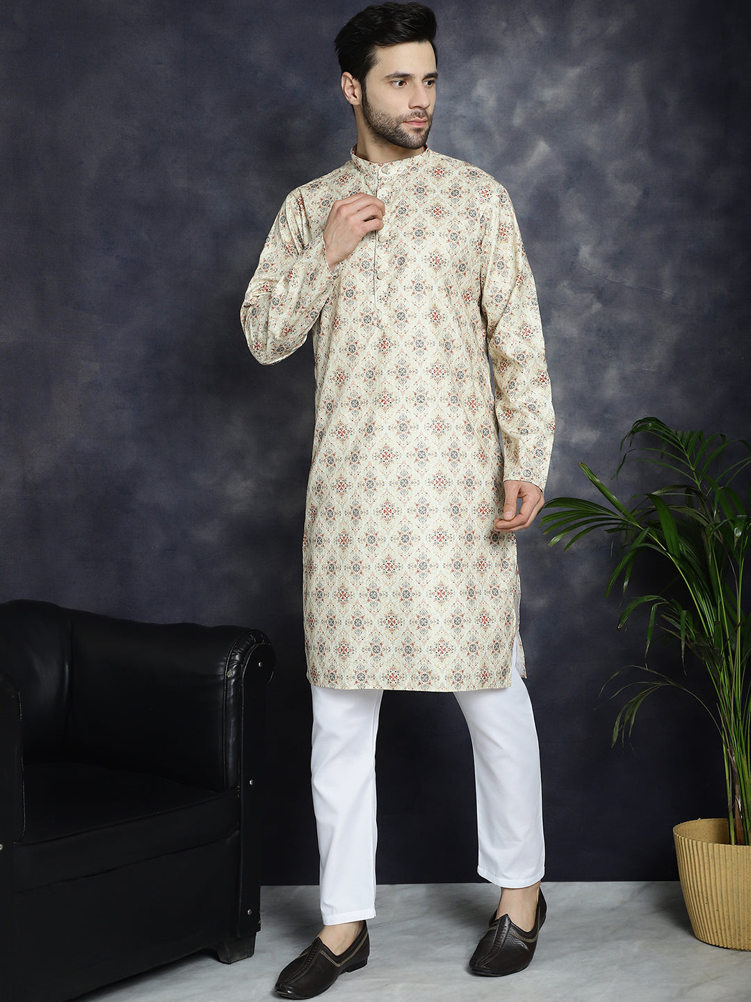 Jompers Men's Golden Foil Printed Kurta with Pyjama - Golden - Distacart