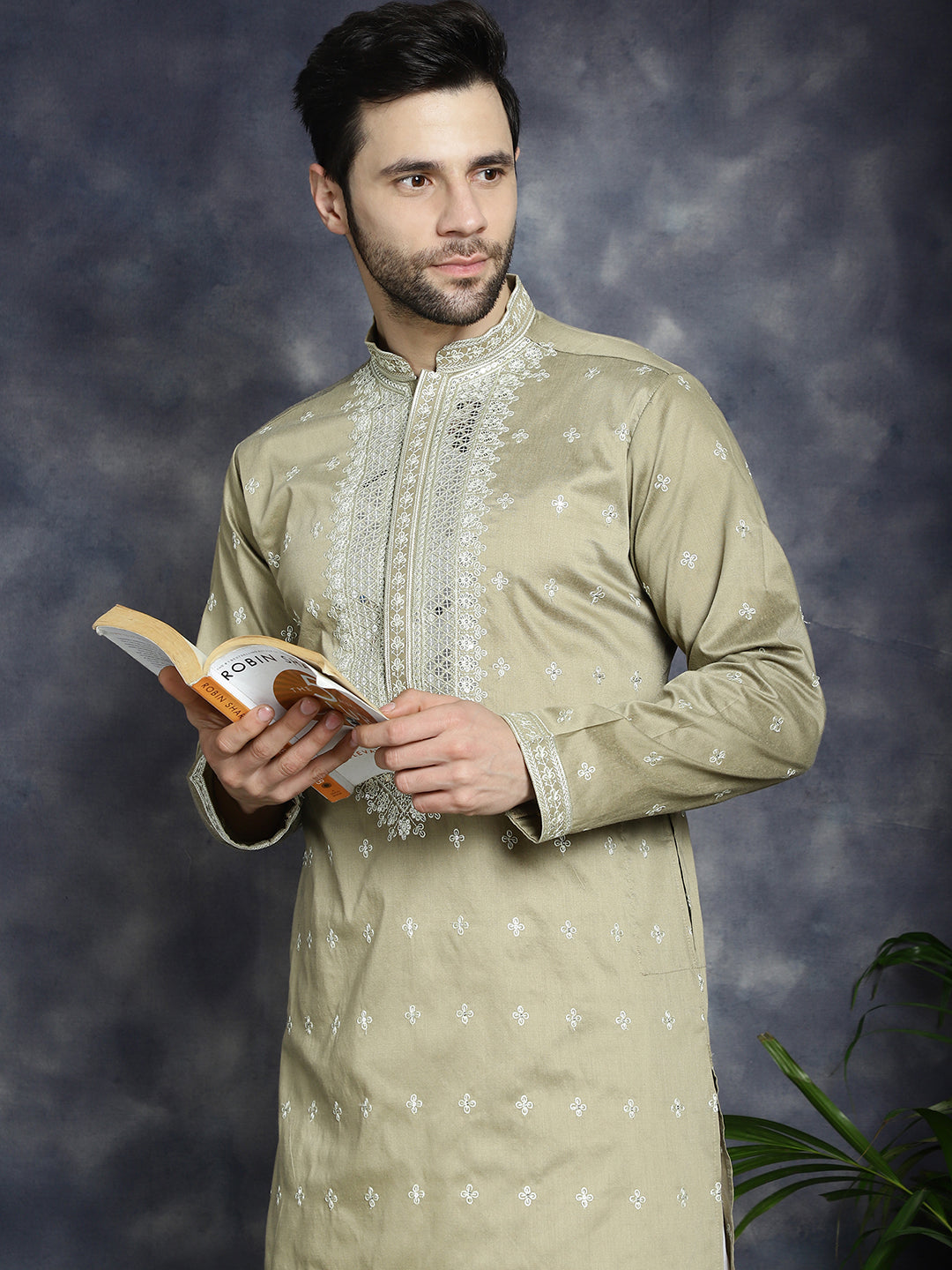 Jompers Men's Sequins Embroidered Kurta Pyjama Set - Beige - Distacart