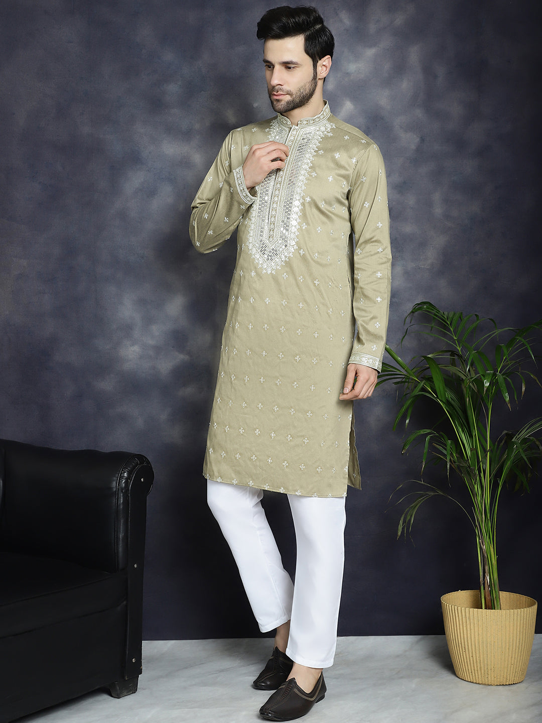 Jompers Men's Sequins Embroidered Kurta Pyjama Set - Beige - Distacart