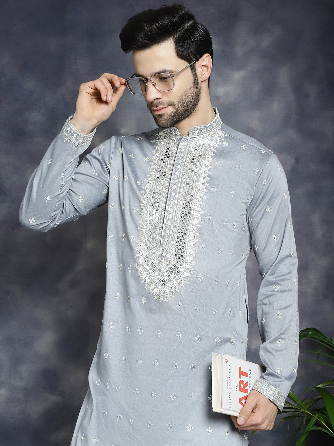 Jompers Men's Sequins Embroidered Kurta Pyjama Set - Grey - Distacart
