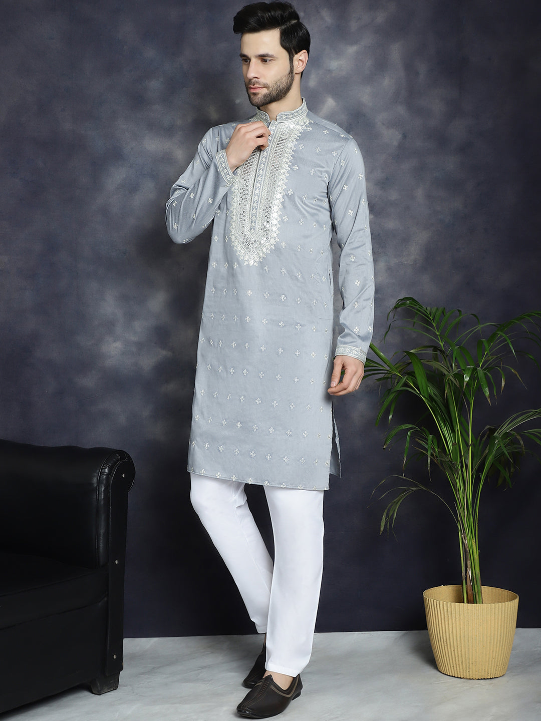 Jompers Men's Sequins Embroidered Kurta Pyjama Set - Grey - Distacart