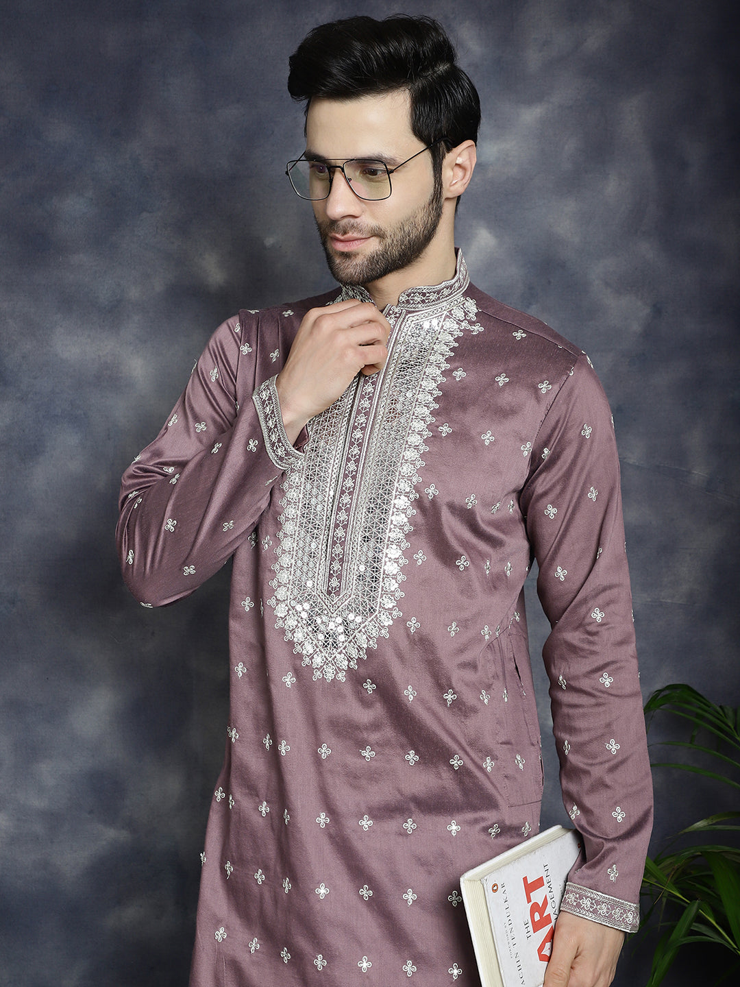 Jompers Men's Sequins Embroidered Kurta Pyjama Set - Megenta - Distacart