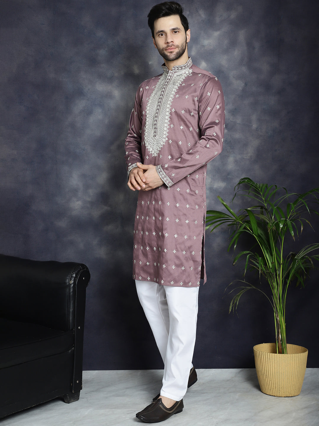 Jompers Men's Sequins Embroidered Kurta Pyjama Set - Megenta - Distacart