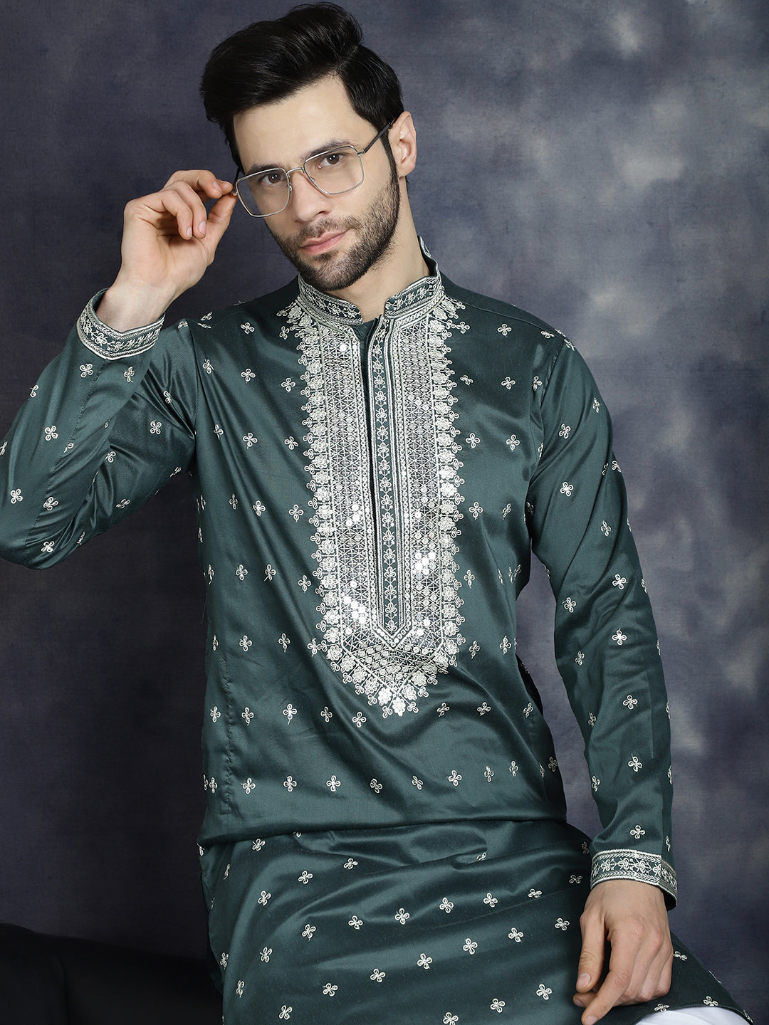 Jompers Men's Sequins Embroidered Kurta Pyjama Set - Olive - Distacart