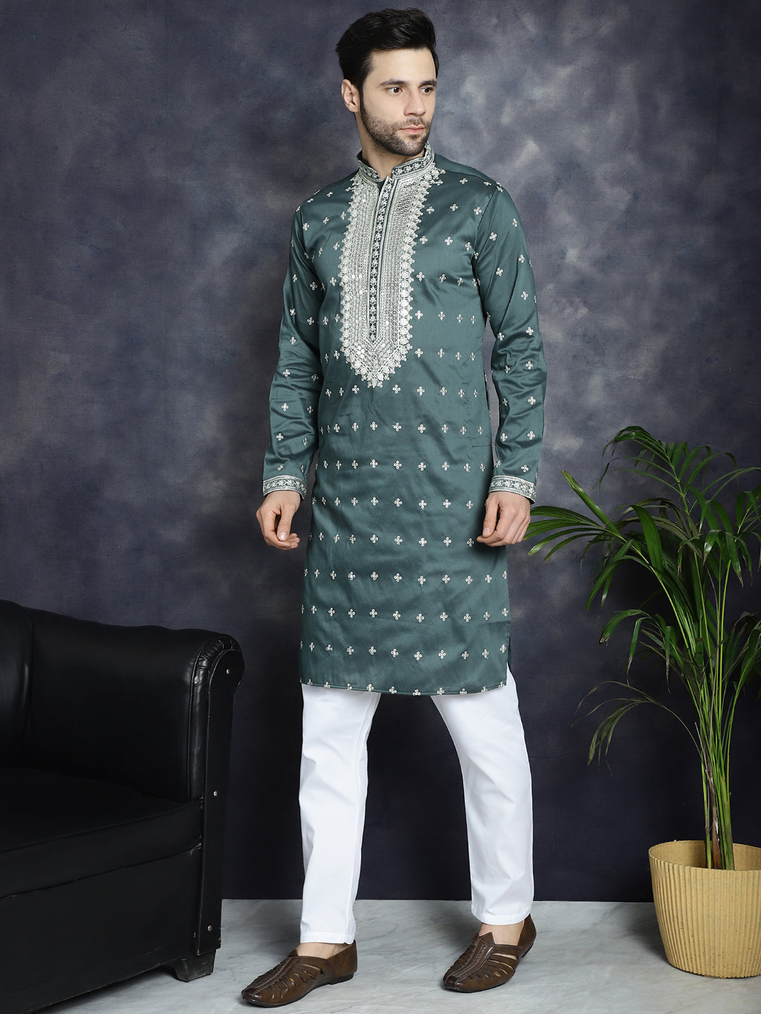 Jompers Men's Sequins Embroidered Kurta Pyjama Set - Olive - Distacart