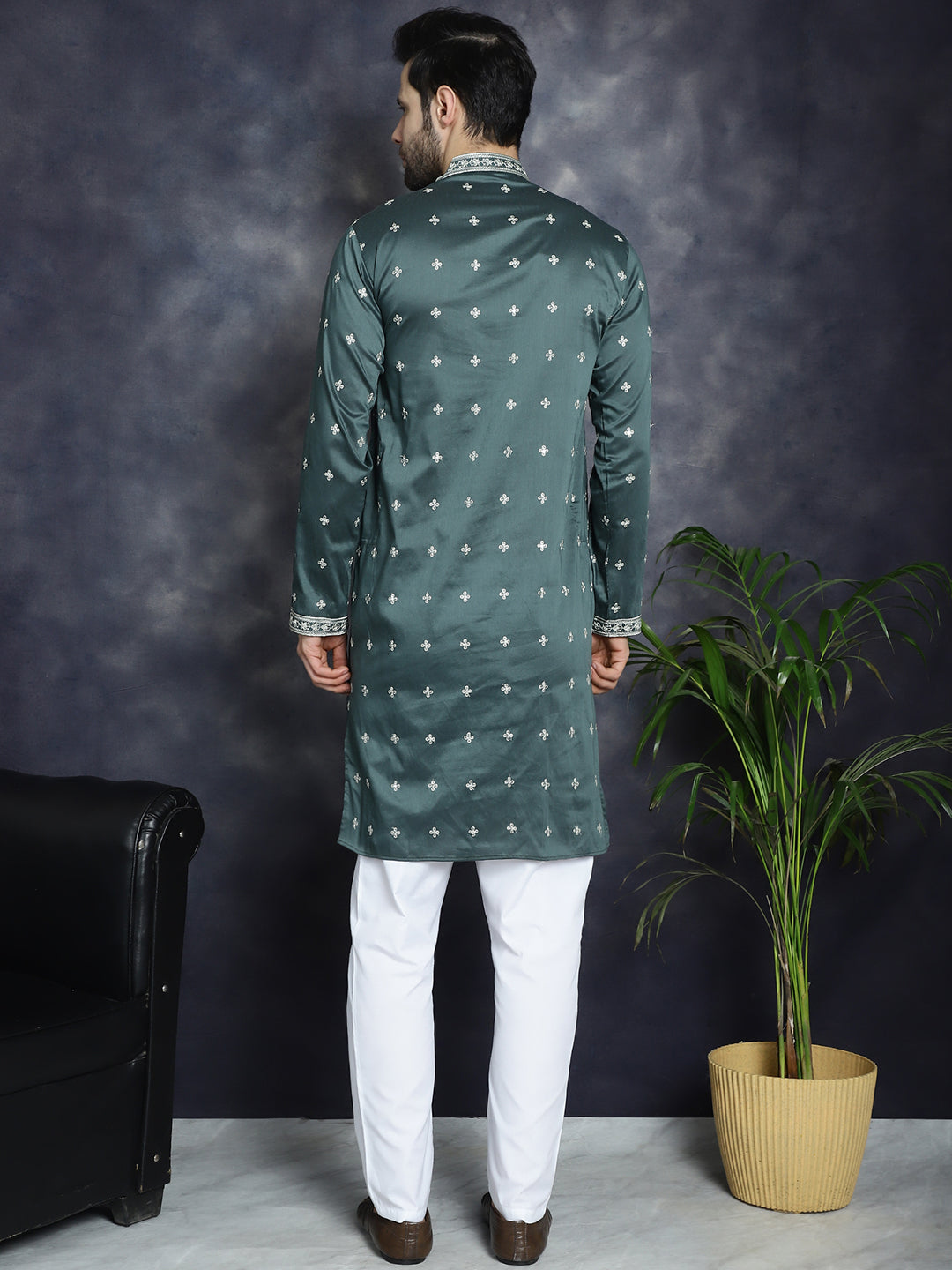 Jompers Men's Sequins Embroidered Kurta Pyjama Set - Olive - Distacart