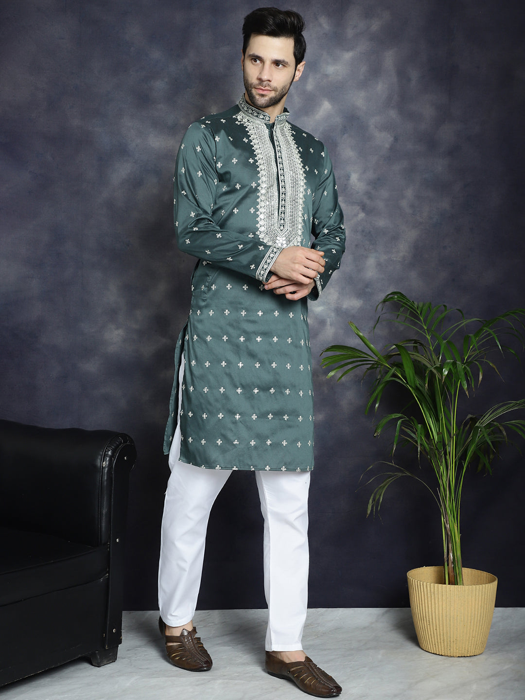 Jompers Men's Sequins Embroidered Kurta Pyjama Set - Olive - Distacart