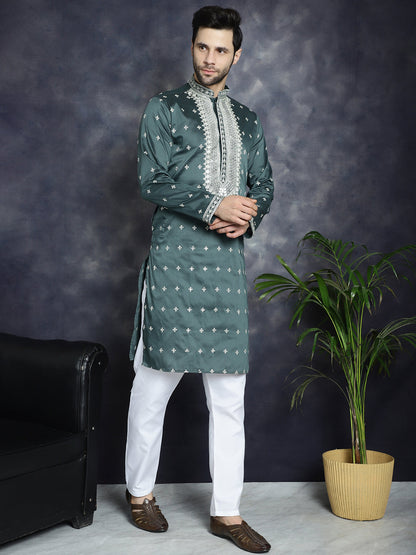 Jompers Men's Sequins Embroidered Kurta Pyjama Set - Olive - Distacart