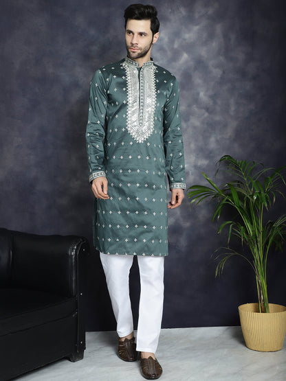 Jompers Men's Sequins Embroidered Kurta Pyjama Set - Olive - Distacart