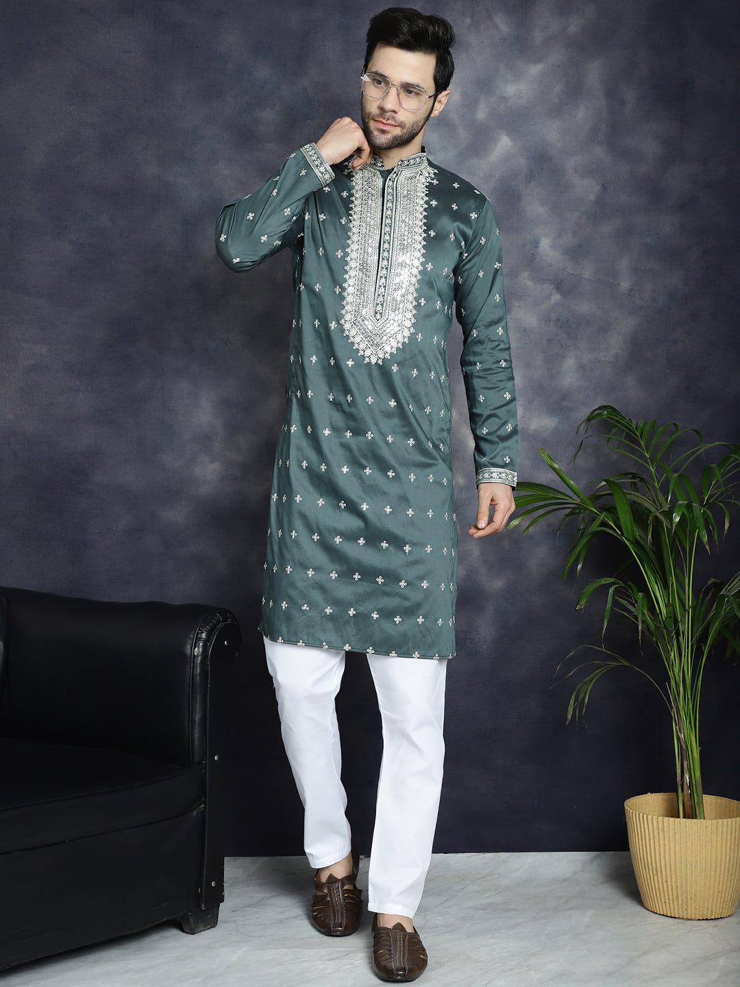 Jompers Men's Sequins Embroidered Kurta Pyjama Set - Olive - Distacart