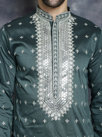 Jompers Men's Sequins Embroidered Kurta Pyjama Set - Olive - Distacart