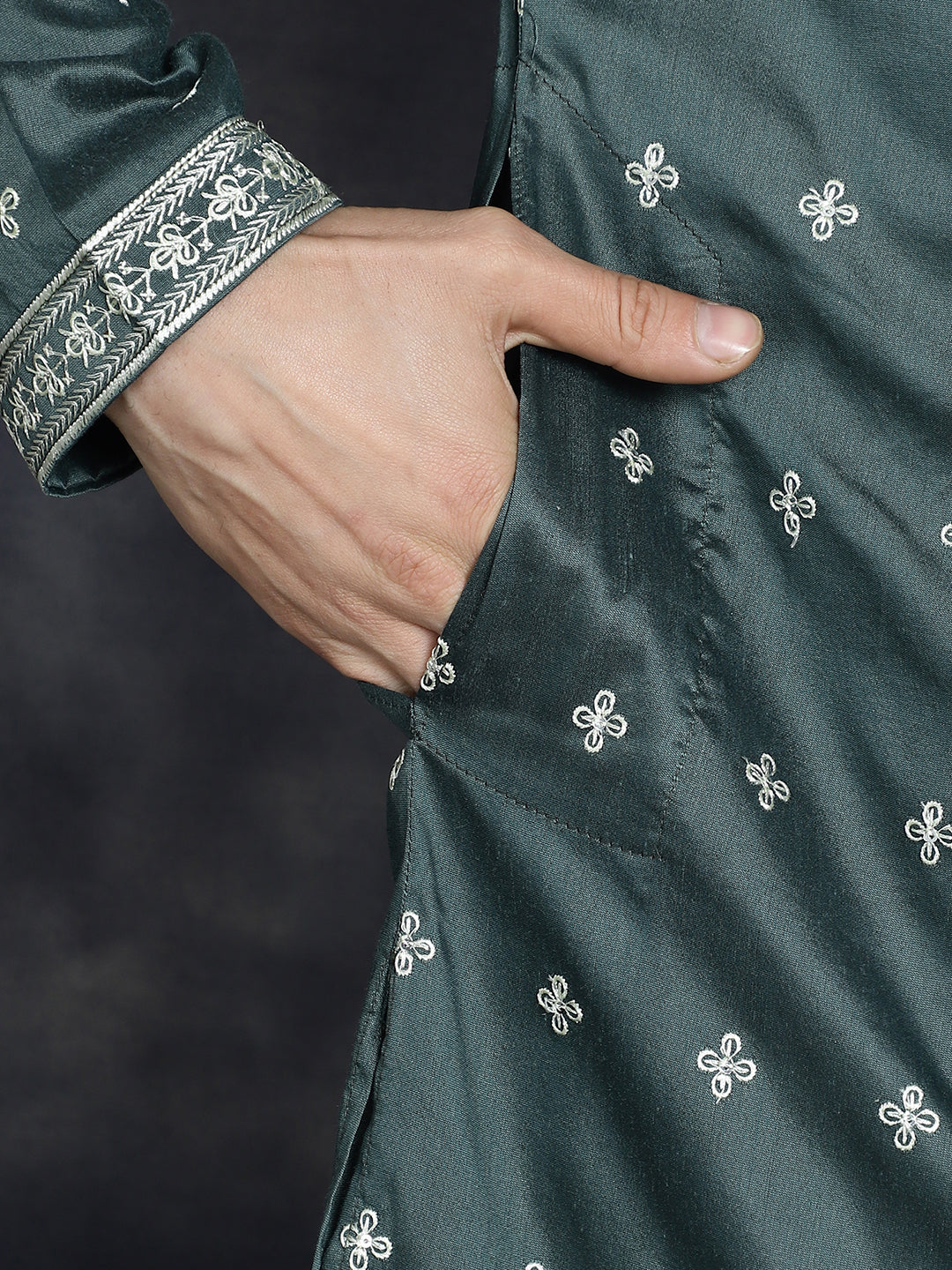 Jompers Men's Sequins Embroidered Kurta Pyjama Set - Olive - Distacart