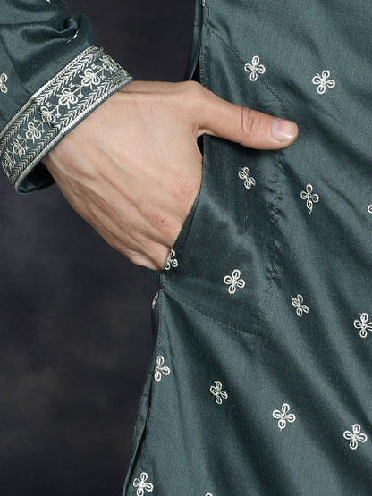Jompers Men's Sequins Embroidered Kurta Pyjama Set - Olive - Distacart
