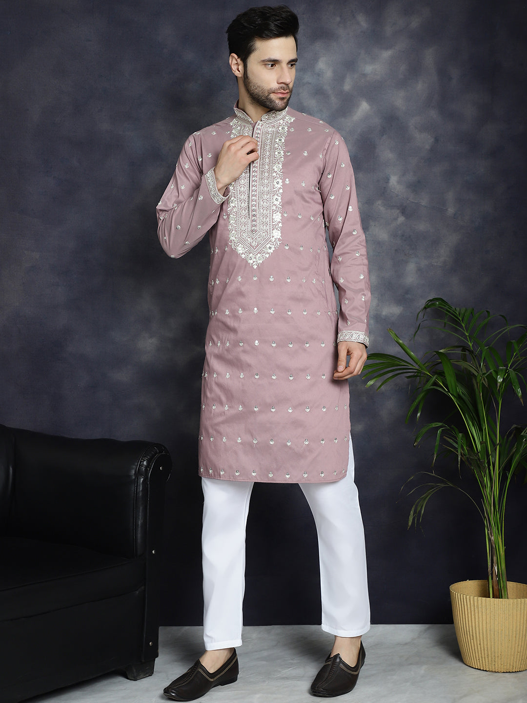 Jompers Men's Chikankari Embroidered Kurta Pyjama Set - Magenta - Distacart
