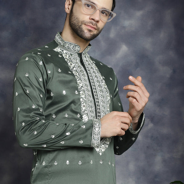 Jompers Men's Chikankari Embroidered Kurta Pyjama Set - Olive - Distacart