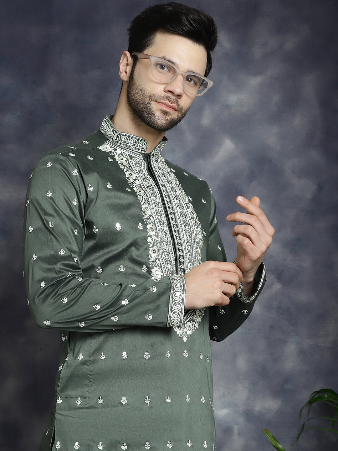 Jompers Men's Chikankari Embroidered Kurta Pyjama Set - Olive - Distacart