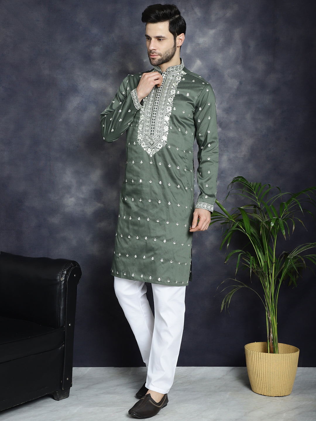 Jompers Men's Chikankari Embroidered Kurta Pyjama Set - Olive - Distacart