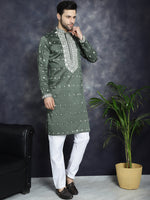 Thumbnail for Jompers Men's Chikankari Embroidered Kurta Pyjama Set - Olive - Distacart